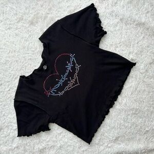 Urban Outfitters Black Lettuce Edge Y2K Rhinestone Heart Crop Top Size Large